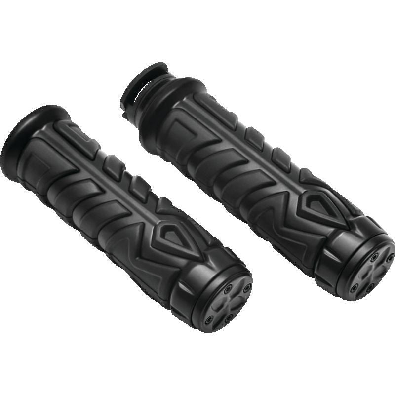 Black rubber motorcycle hand grips with textured pattern and ergonomic design.