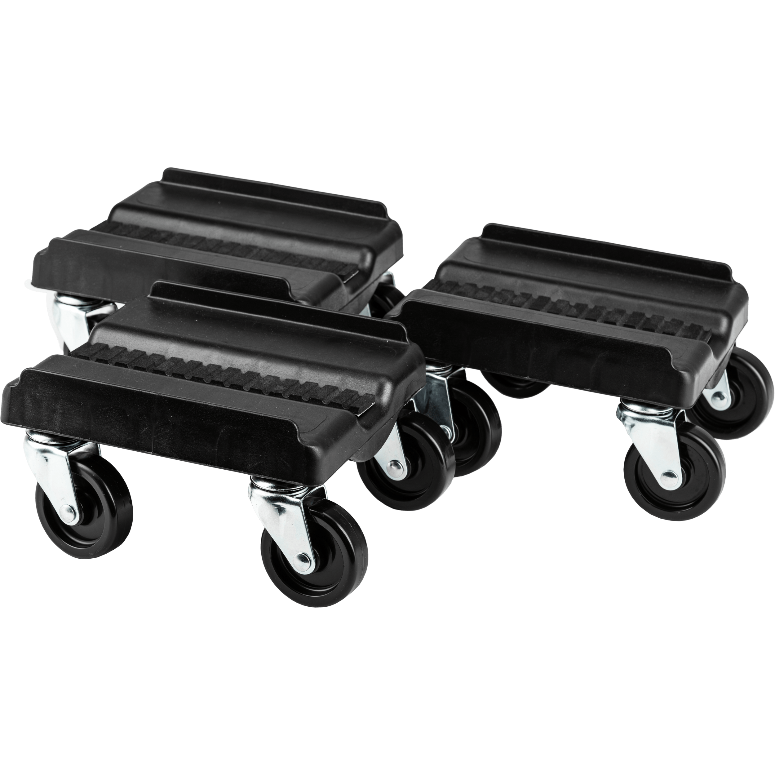 The Plow Dolly 3-Piece Set by Open Trail includes three black and silver plastic dollies, each with four swivel casters and textured, grooved surfaces for secure transport of heavy items.