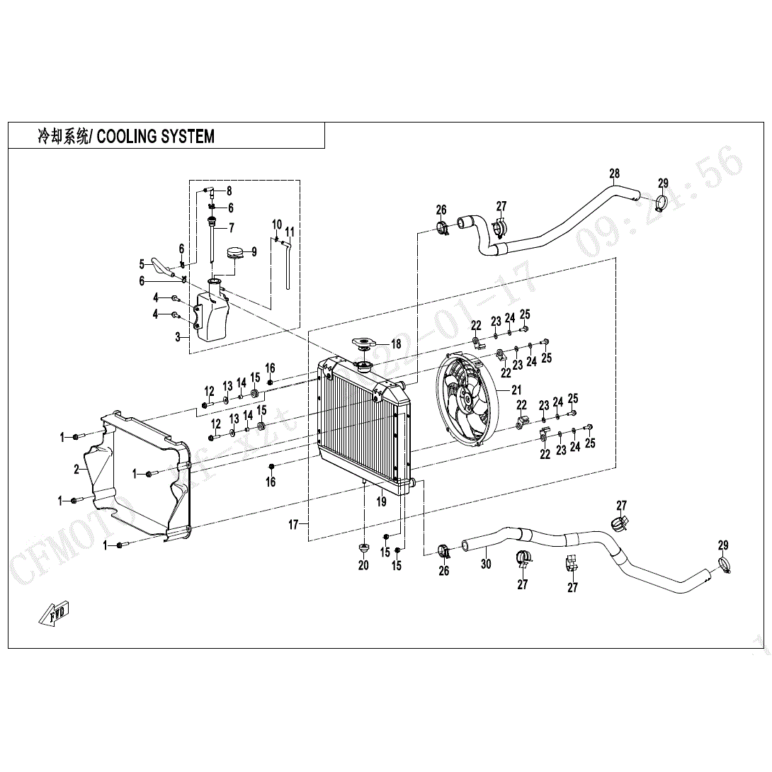 An Image of a genuine CFMOTO Parts Schematic Diagram showing the group - COOLING SYSTEM - 2022 CFMOTO CFORCE 500