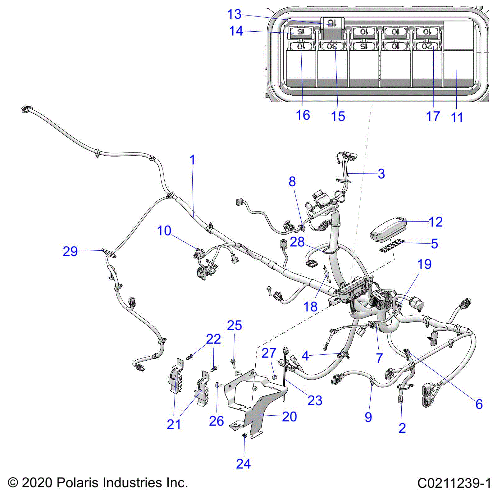 An Image of a Genuine Polaris Parts Schematic Diagram showing the schematic - ELECTRICAL: MAIN WIRE HARNESS - 2021 POLARIS SPORTSMAN 450 HO UTILITY