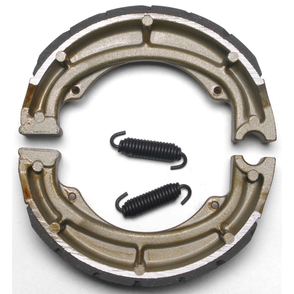 Pair of metallic curved brake shoes with grooved surfaces and two black coiled springs in the center.