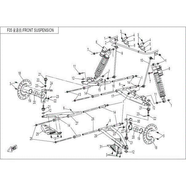 An Image of a Genuine CFMOTO Parts Schematic Diagram showing the schematic - FRONT SUSPENSION - 2015 CFMOTO ZFORCE 800 EX