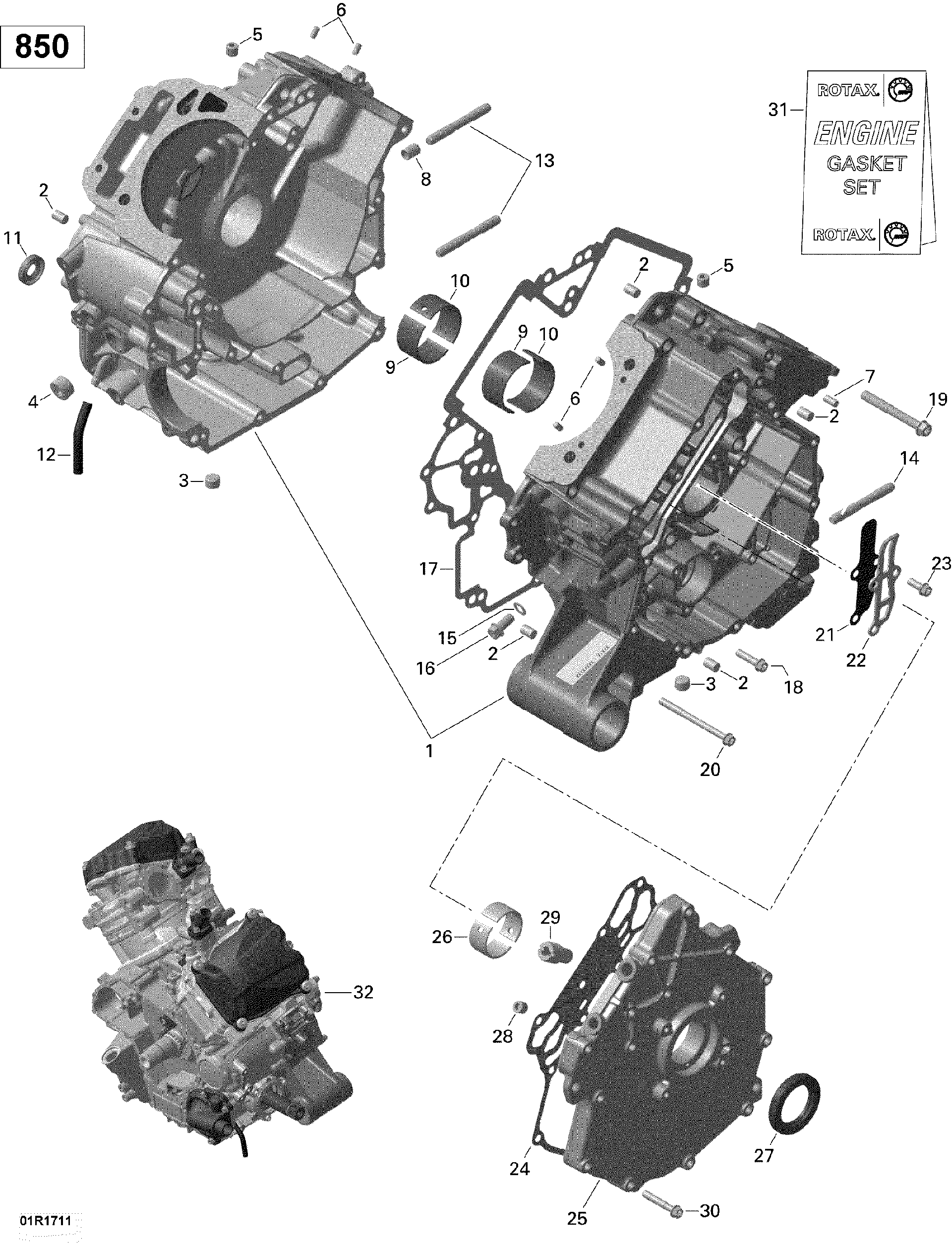 An Image of a Genuine Can-Am Parts Schematic Diagram showing the schematic - CRANKCASE - 850 EFI