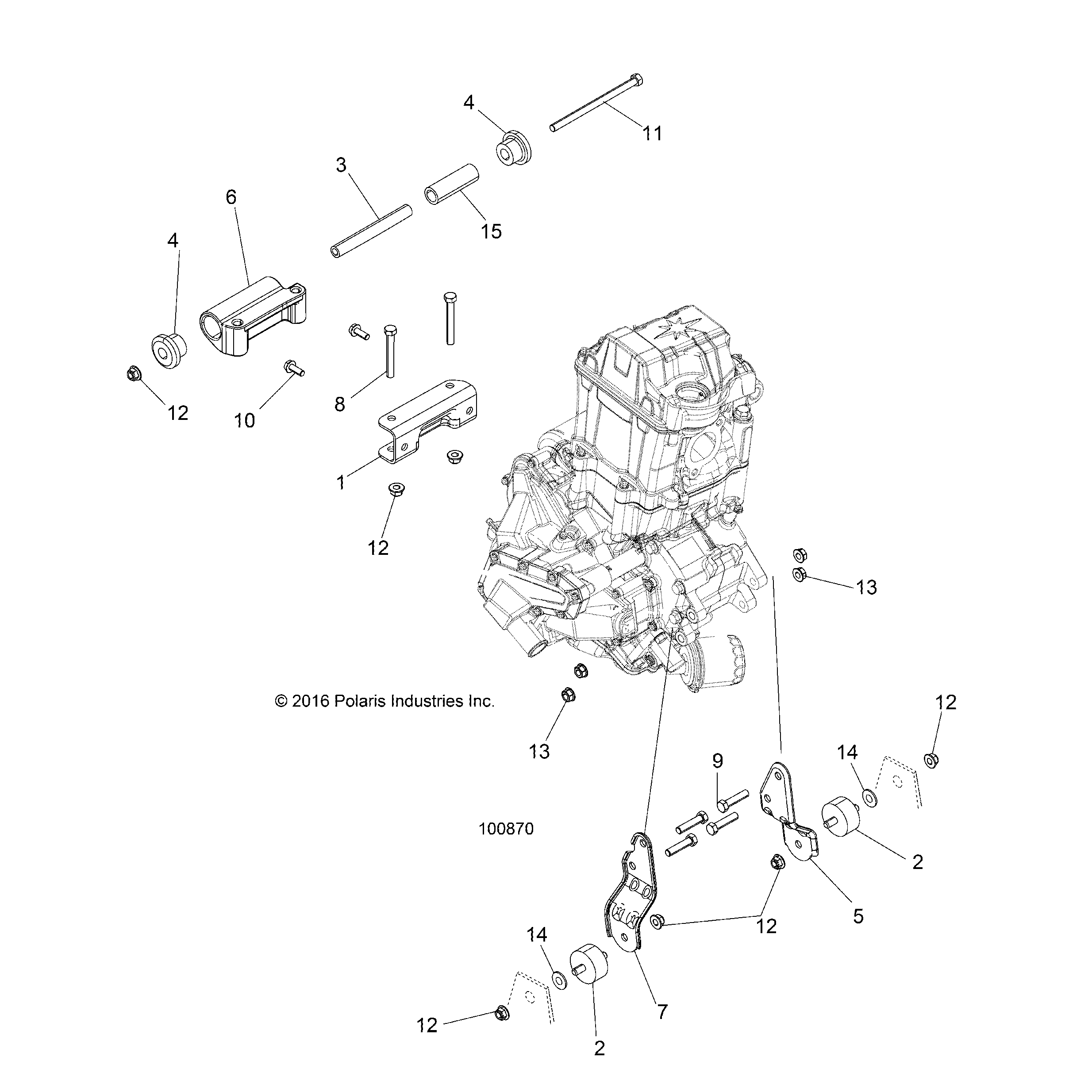 An Image of a Genuine Polaris Parts Schematic Diagram showing the schematic - ENGINE: MOUNTING & LONG BLOCK - 2019 POLARIS SPORTSMAN 450 HO
