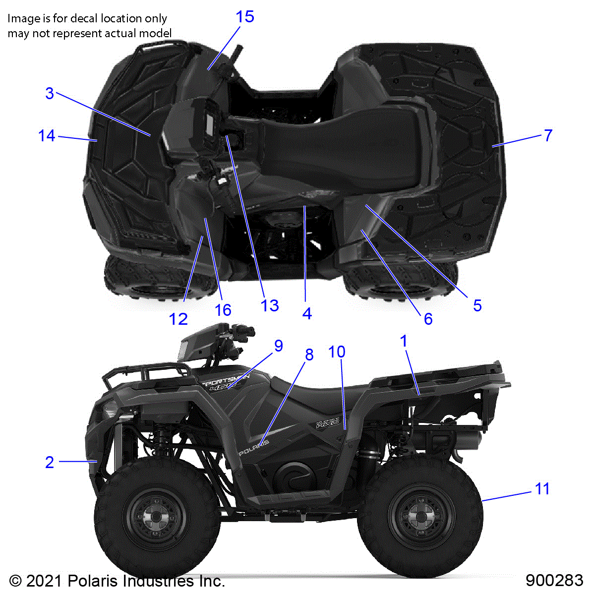 An Image of a Genuine Polaris Parts Schematic Diagram showing the schematic - BODY: DECALS - 2023 POLARIS SPORTSMAN 450 HO UTILITY 50S