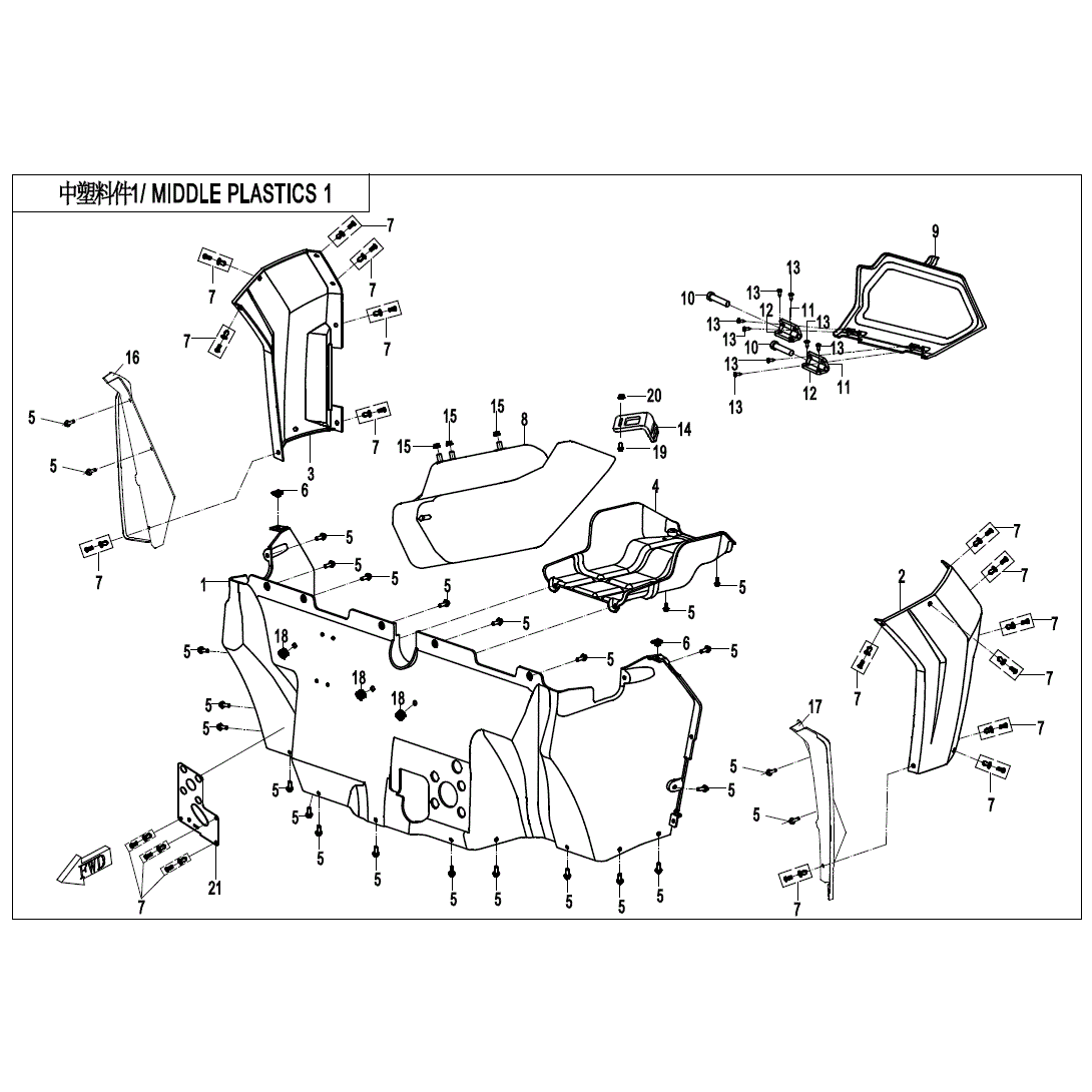 An Image of a Genuine CFMOTO Parts Schematic Diagram showing the schematic - MIDDLE PLASTICS 1 - 2020 CFMOTO ZFORCE 500