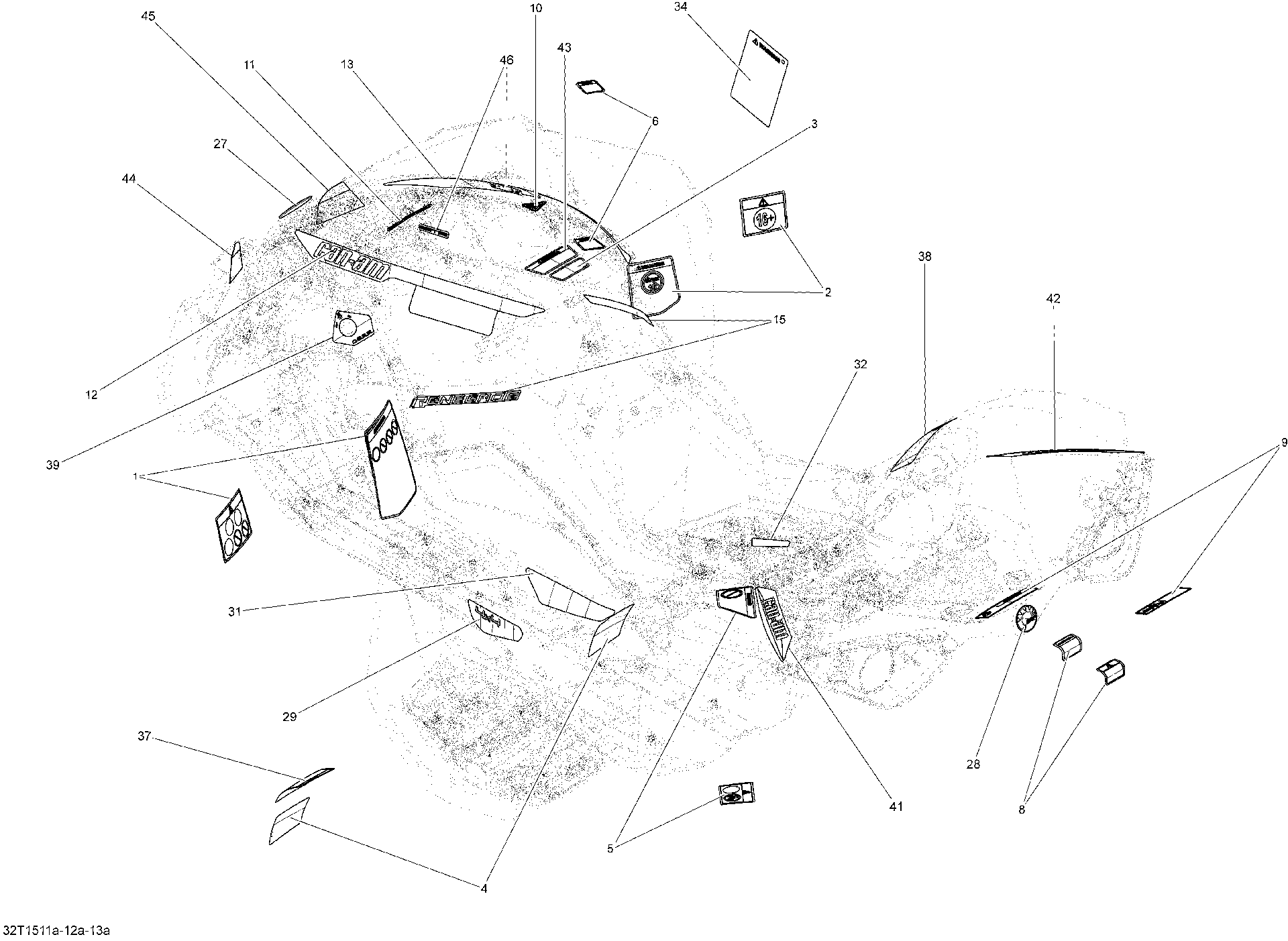An Image of a Genuine Can-Am Parts Schematic Diagram showing the schematic - DECALS STD_32T1513A