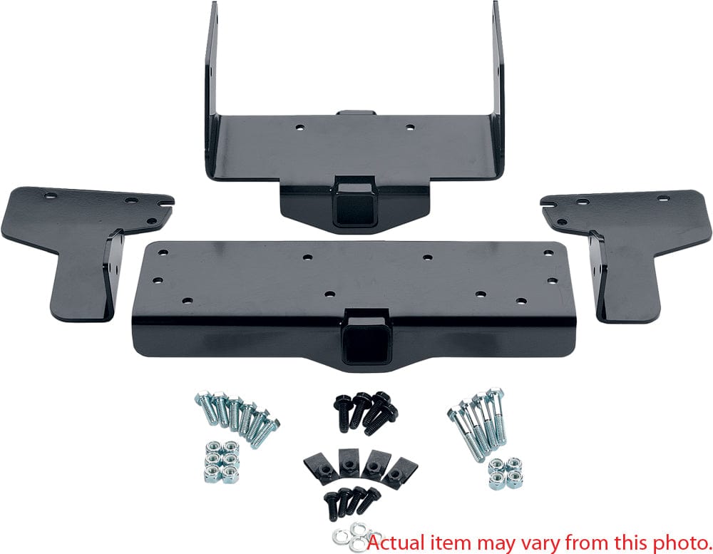 The Can-Am Renegade Winch Mounting Kit by Warn includes black metal brackets, plates, and assorted hardware for ATV winch installation. Displayed on a white background. Red text in the corner states: Actual item may vary from this photo.