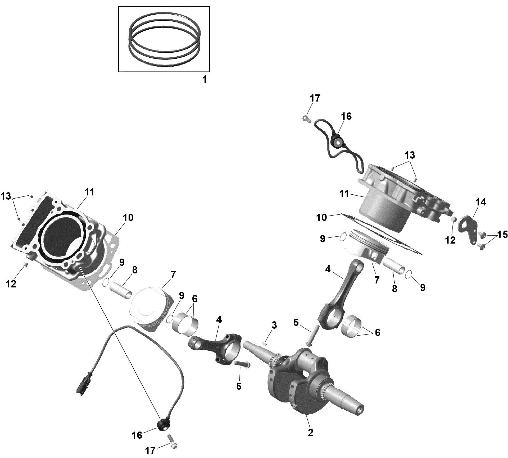 An Image of a Genuine Can-Am Parts Schematic Diagram showing the schematic - ROTAX - CRANKSHAFT AND PISTONS