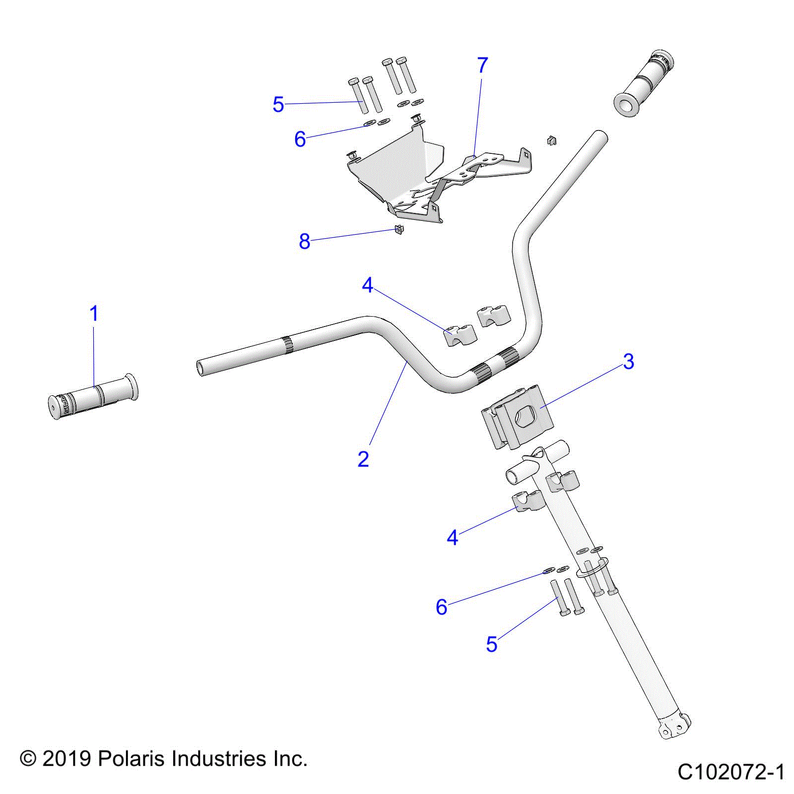 An Image of a Genuine Polaris Parts Schematic Diagram showing the schematic - STEERING: HANDLEBAR and CLAMPS - 2024 POLARIS SCRAMBLER XP 1000 55" 49S