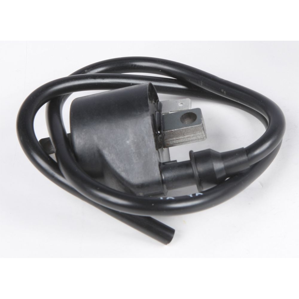 Black rectangular ignition coil with attached thick black wire and metal mounting bracket.