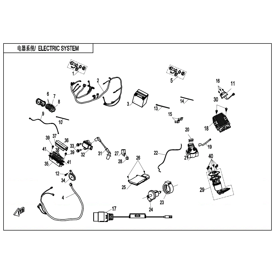 An Image of a genuine CFMOTO Parts Schematic Diagram showing the group - ELECTRIC SYSTEM (WITH FUEL VAPORIZATION SYSTEM) - 2020 CFMOTO CFORCE 400