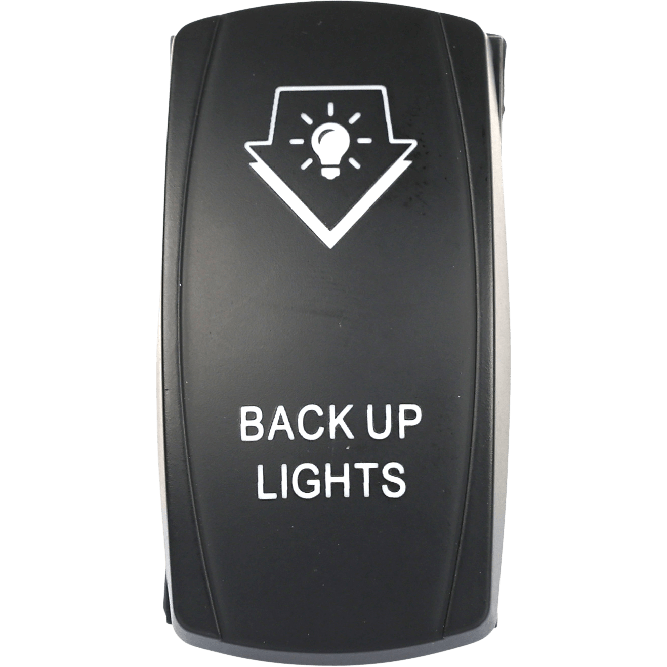 The Back Up Lighting Led Switch Pro Backlit by Open Trail is a black, weather-sealed rocker switch labeled BACK UP LIGHTS, featuring a white light bulb icon and downward arrow above the text.