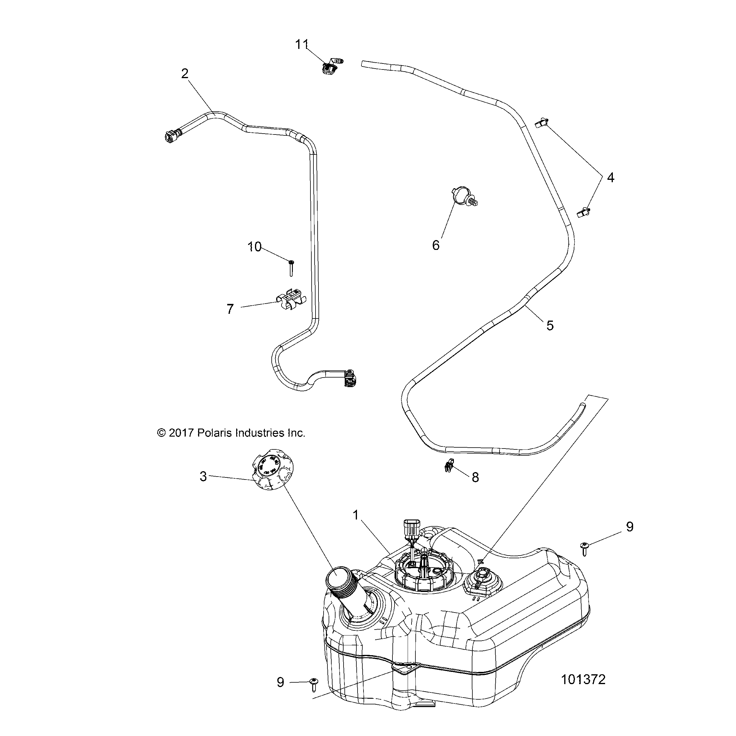 An Image of a Genuine Polaris Parts Schematic Diagram showing the schematic - BODY: FUEL TANK - 2018 POLARIS ACE 900 EPS XC
