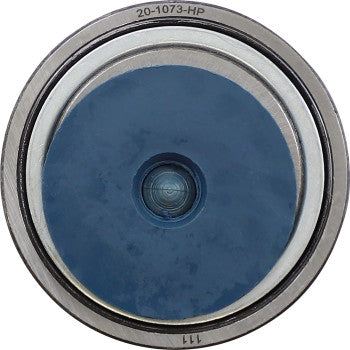 Close-up of Honda TRX Wheel Bearing Kit Tapered Double Angular Contact Front by Moose Offroad, featuring a metallic rim, blue center, and gray outer ring. High-contact double-lip seals and part number 20-1073-HP are visible on the rim.