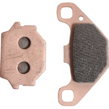 Two Sintered Brake Pads by All Balls are shown: the left reveals a flat backing plate with two circular indentations, while the right displays a textured, dark friction surface designed for great stopping power.