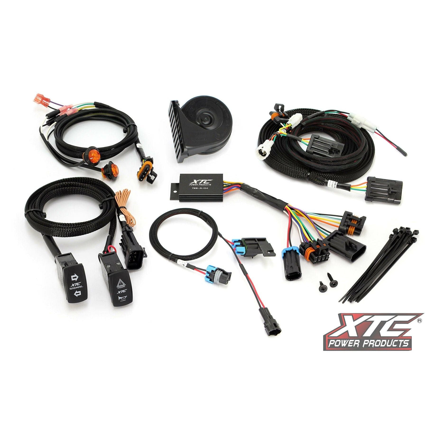 The Self Canceling Turn Signal Kit Yam by XTC Power includes cables, connectors, switches, a black horn, zip ties, and a control box for a plug-and-play automatic turn signal system. The XTC Power Products logo appears at the bottom right.