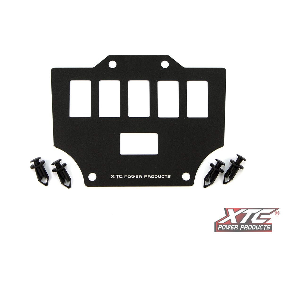 The 6 Switch Mount Plate Hon by XTC Power features five rectangular and one square cutout, four fastener holes, and a bottom right XTC Power logo. It fits Carling Contura V switches as a mounting accessory.