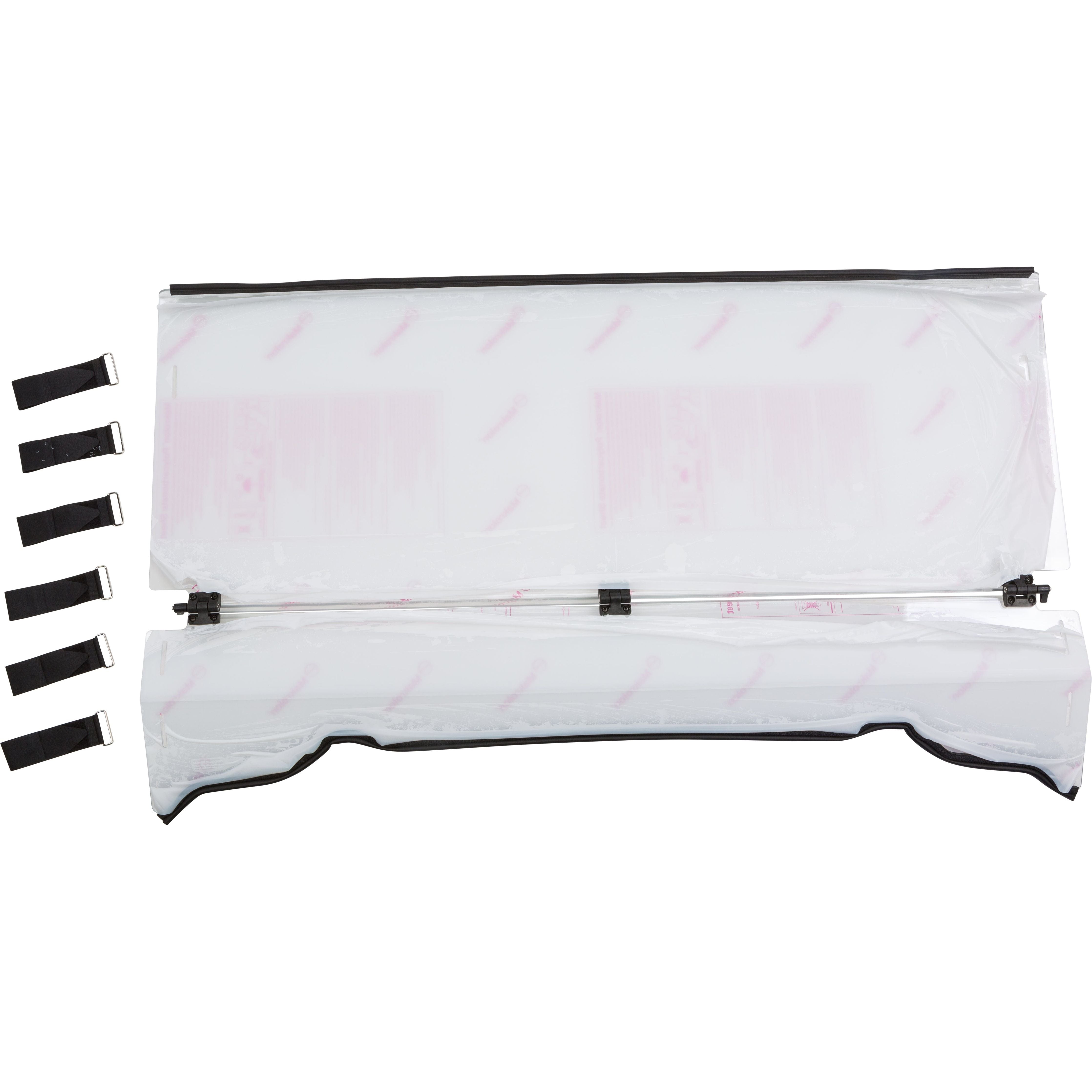The Folding Windshield by Open Trail is a transparent, flexible replacement panel with black trim, shown flat and accompanied by five black Velcro straps on the left side.
