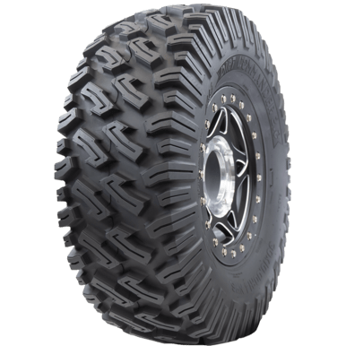 The Tire Dirt Commander 2.0 29X9R14 by GBC features deep, aggressive treads, long side lugs, and a sturdy black rim for superior traction on rough terrain.