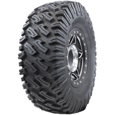 The GBC Tire Dirt Commander 2.0 28X10R14 features deep, aggressive treads and a square shoulder on a black alloy wheel, delivering enhanced traction and grip for off-road terrain.