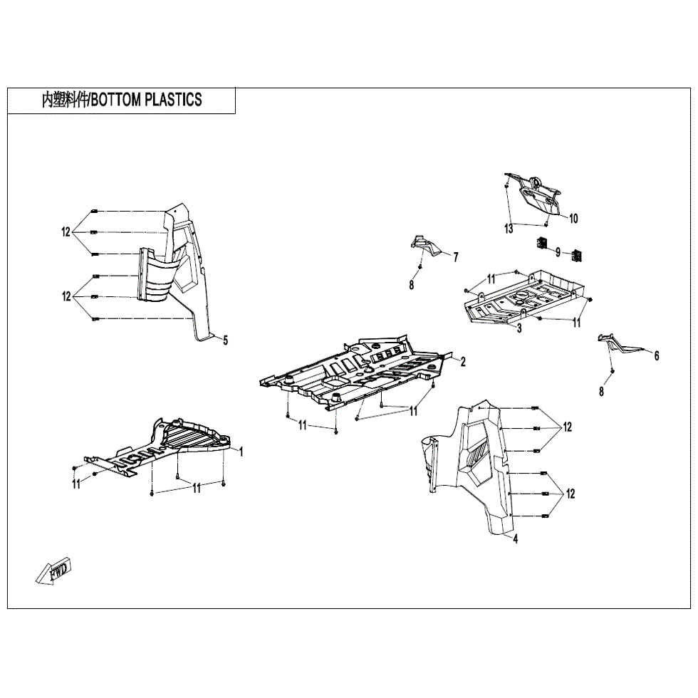 An Image of a genuine CFMOTO Parts Schematic Diagram showing the group - BOTTOM PLASTICS - 2021 CFMOTO CFORCE 1000 Overland