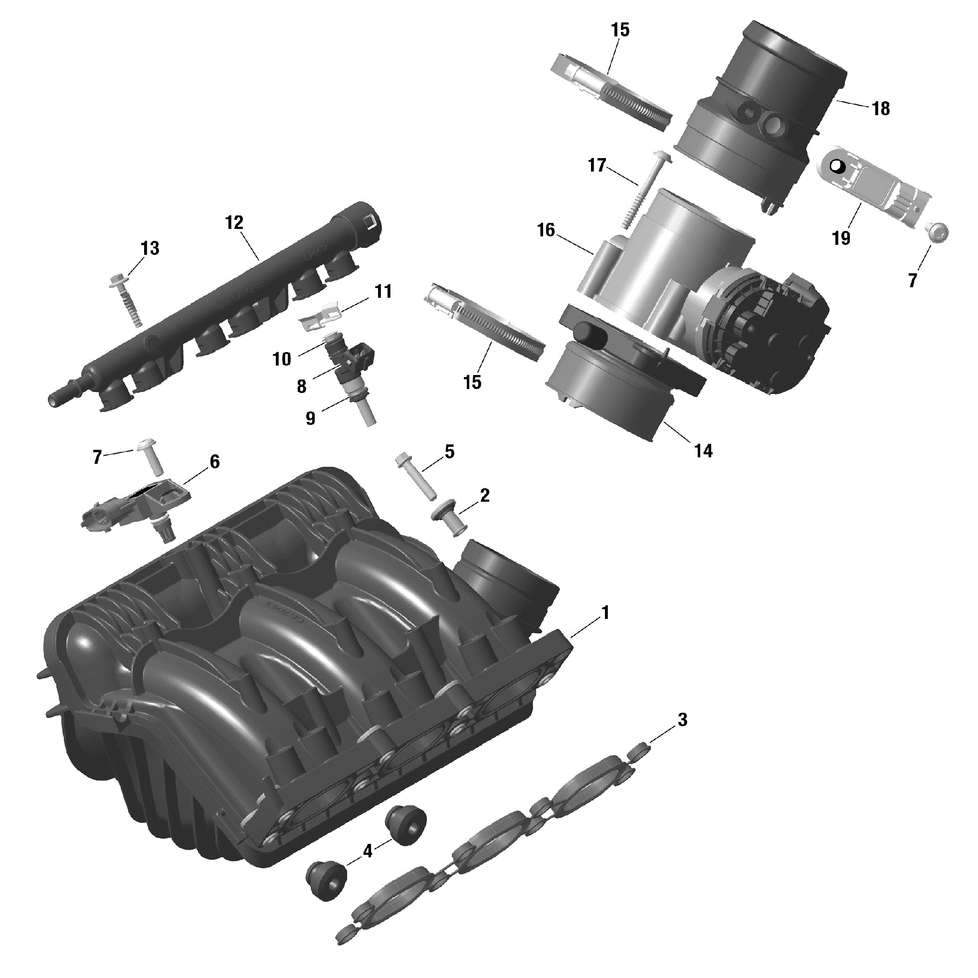 An Image of a Genuine Can-Am Parts Schematic Diagram showing the schematic - ROTAX - AIR INTAKE MANIFOLD AND THROTTLE BODY