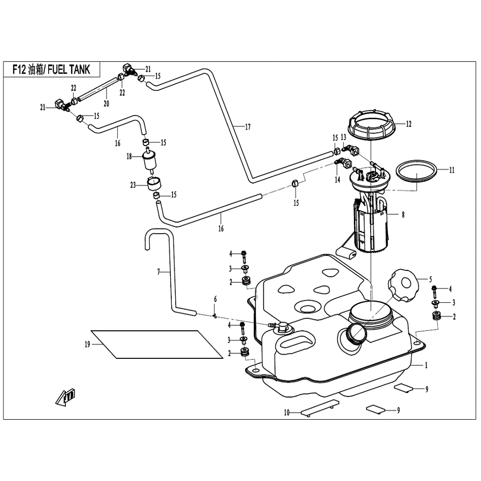 An Image of a Genuine CFMOTO Parts Schematic Diagram showing the schematic - FUEL TANK - 2022 CFMOTO ZFORCE 800 Trail