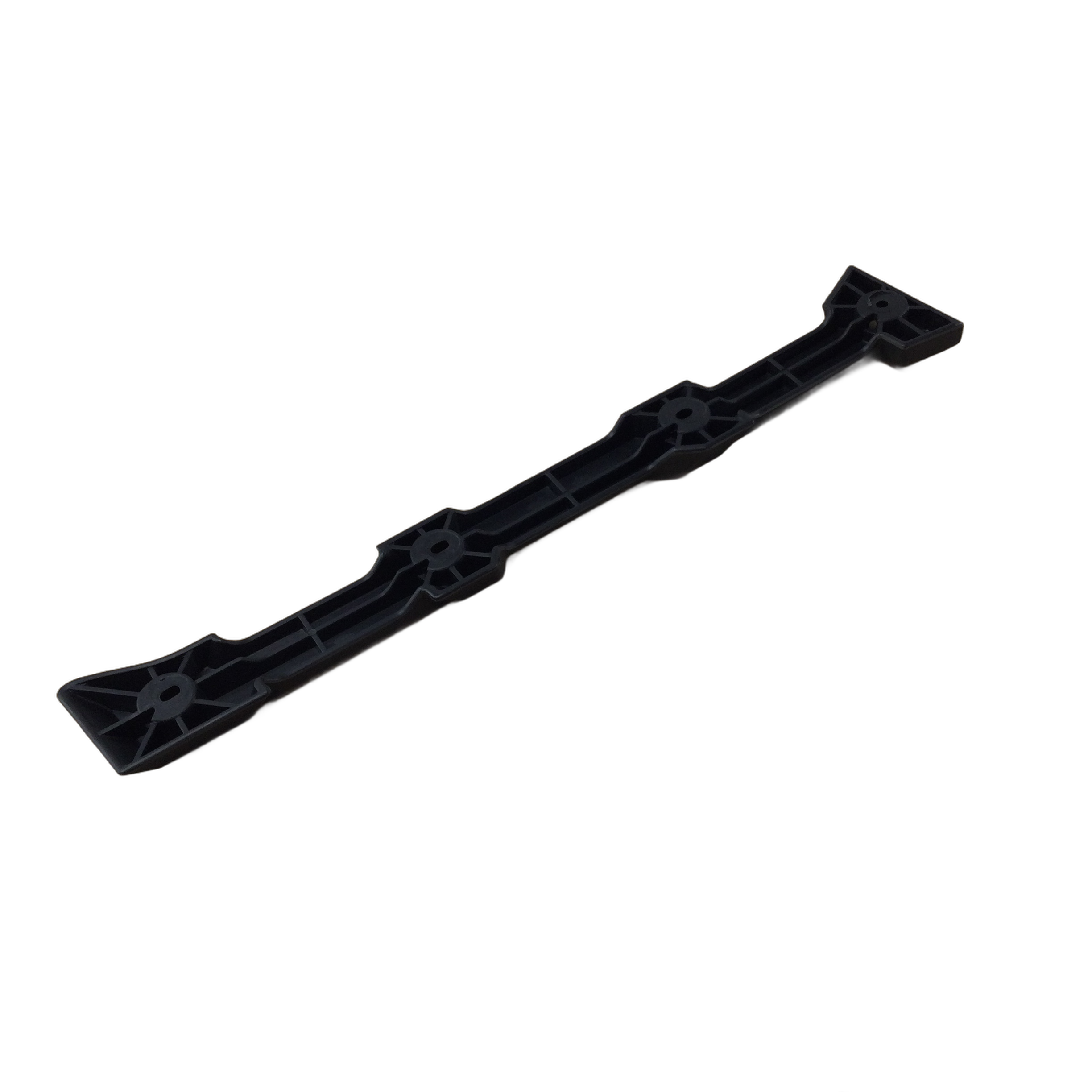 The Deco Panel Cargo Box, Left Hand Side by CF Moto is a black plastic bracket with geometric cutouts, angled edges, and mounting holes, suitable for UTV accessories or as part of the cargo box; shown on a white background.