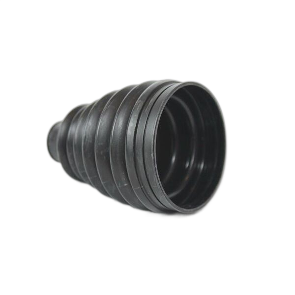 Black flexible rubber dust boot with concentric ridges and tapered cylindrical shape.