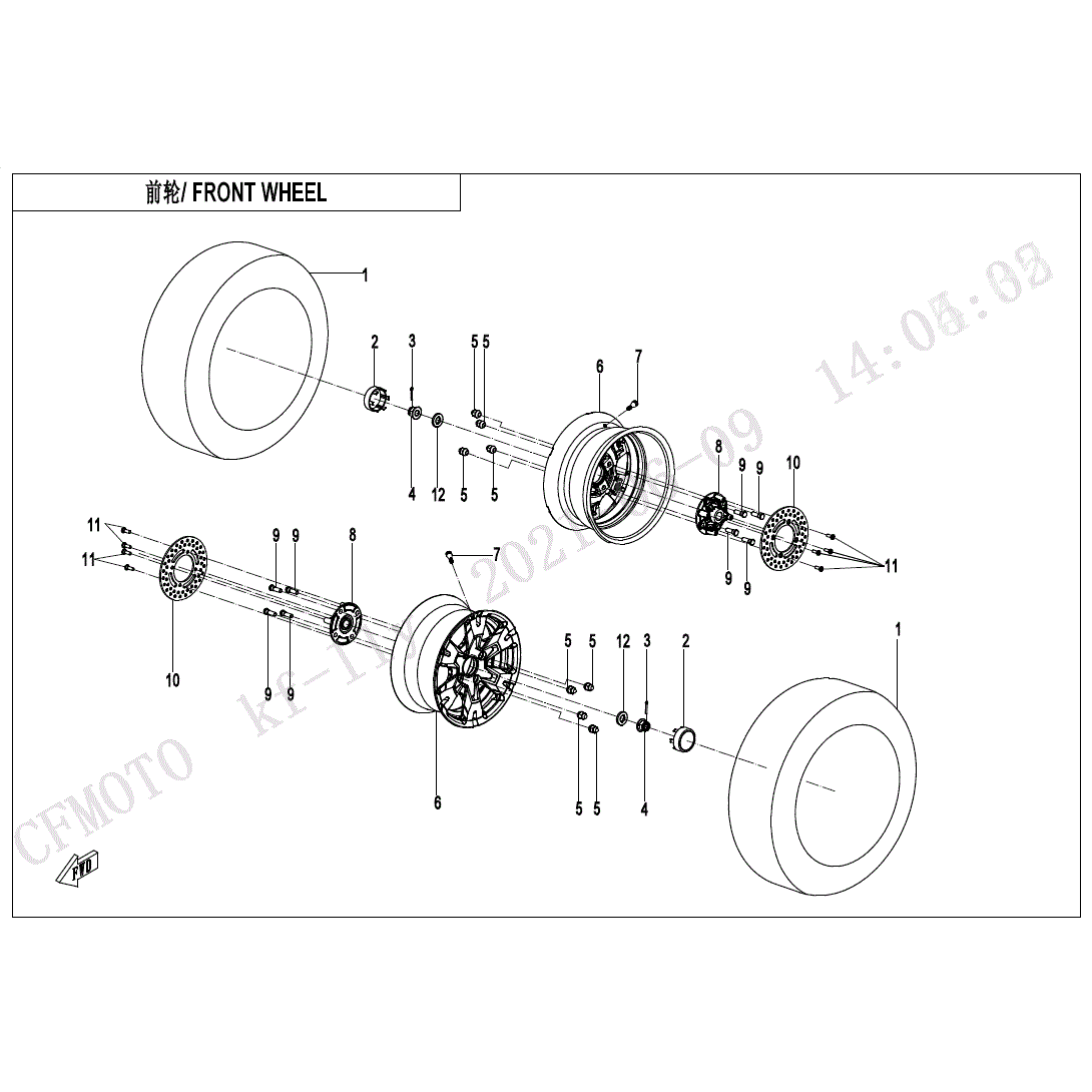 An Image of a Genuine CFMOTO Parts Schematic Diagram showing the schematic - FRONT WHEEL - 2025 CFMOTO UFORCE 1000