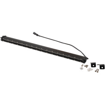 The Brite-Lites Light Bar 24 LED 26" in black with a spot beam and power cable is displayed on a white background, along with mounting brackets, screws, and washers.