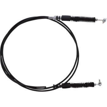 The Polaris Ranger Crew Shift Cable by All Balls is a black cable with metal fittings and rubber boots on both ends, featuring a pre-lubricated nylon inner sleeve for smooth shifting, and comes coiled in a circular shape.
