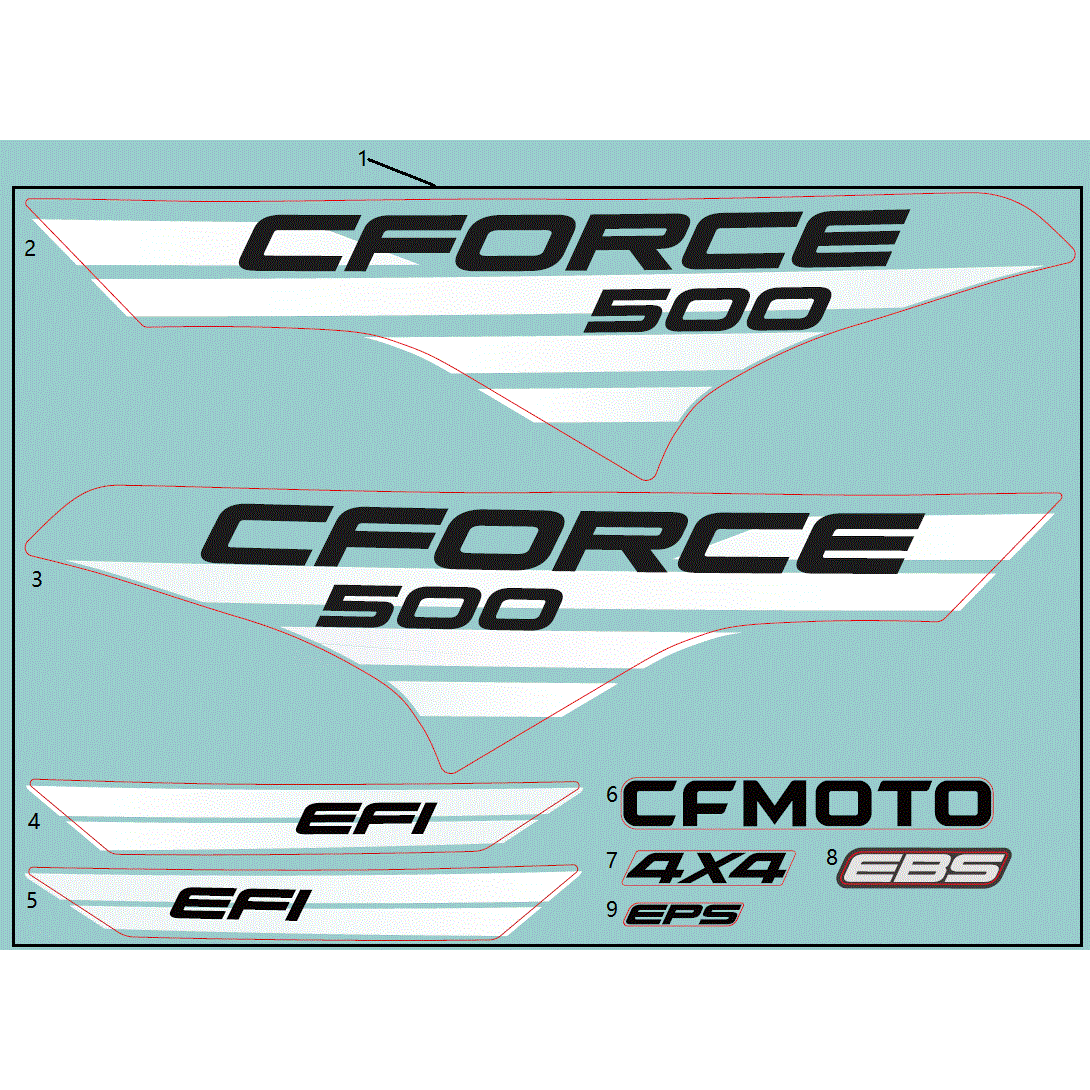 An Image of a genuine CFMOTO Parts Schematic Diagram showing the group - DECAL KIT (NA - 2022 CFMOTO CFORCE 500