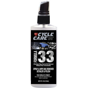 Formula 33 Detailer & Bug Remover 4 U.S. fl oz by Cycle Care Formulas is a spray-on solution for motorcycles that cleans bugs, dust, rust, and dirt, and also works as a chrome cleaner and polish—just spray and wipe for effortless results.