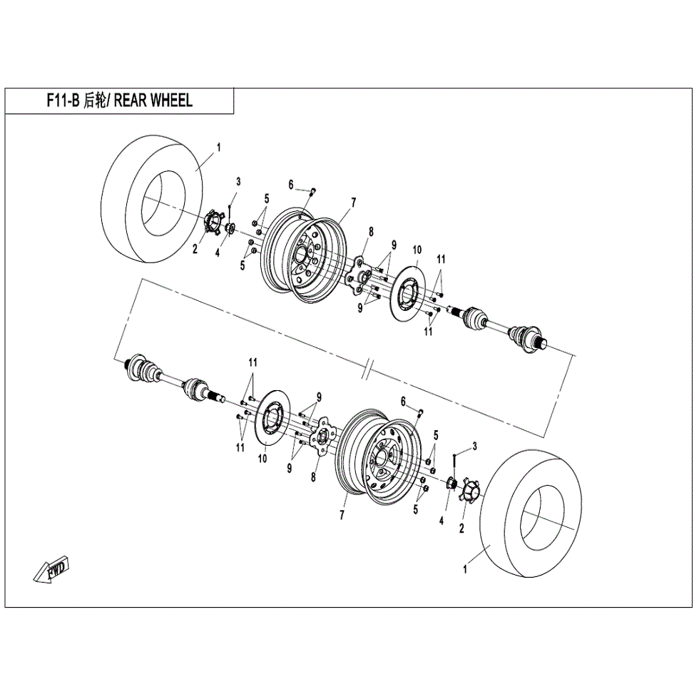 An Image of a Genuine CFMOTO Parts Schematic Diagram showing the schematic - REAR WHEEL - 2022 CFMOTO ZFORCE 800 EX