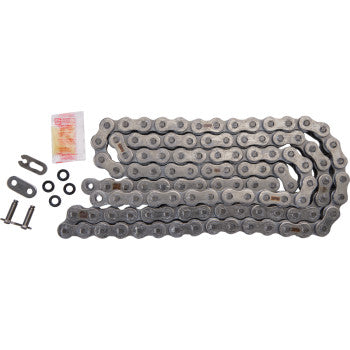 The 520 EXW Drive Chain 110 Links by Rk is shown coiled beside two bolts, washers, a connecting link, and a small lubricant packet—accessories typical of high-performance drive chains.