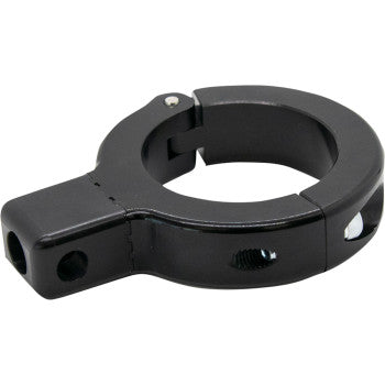 The Accessory Mount Clamp by Sdi is a black metal clamp with a circular design, rectangular extension, screw holes, and a shiny finish—perfect for modular mounting systems and versatile installations.