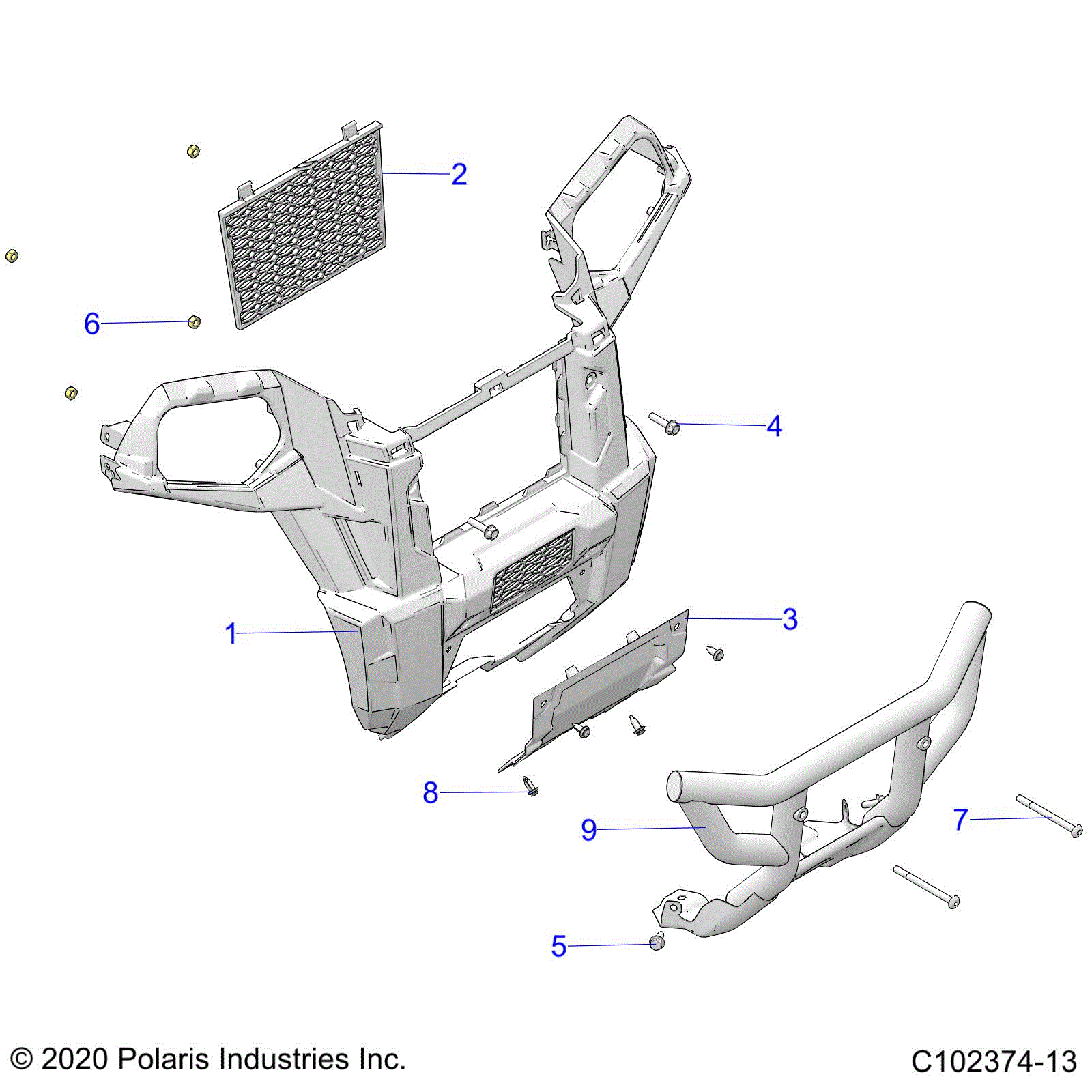An Image of a Genuine Polaris Parts Schematic Diagram showing the schematic - BODY: FRONT BUMPER - 2025 POLARIS SCRAMBLER 850 48"