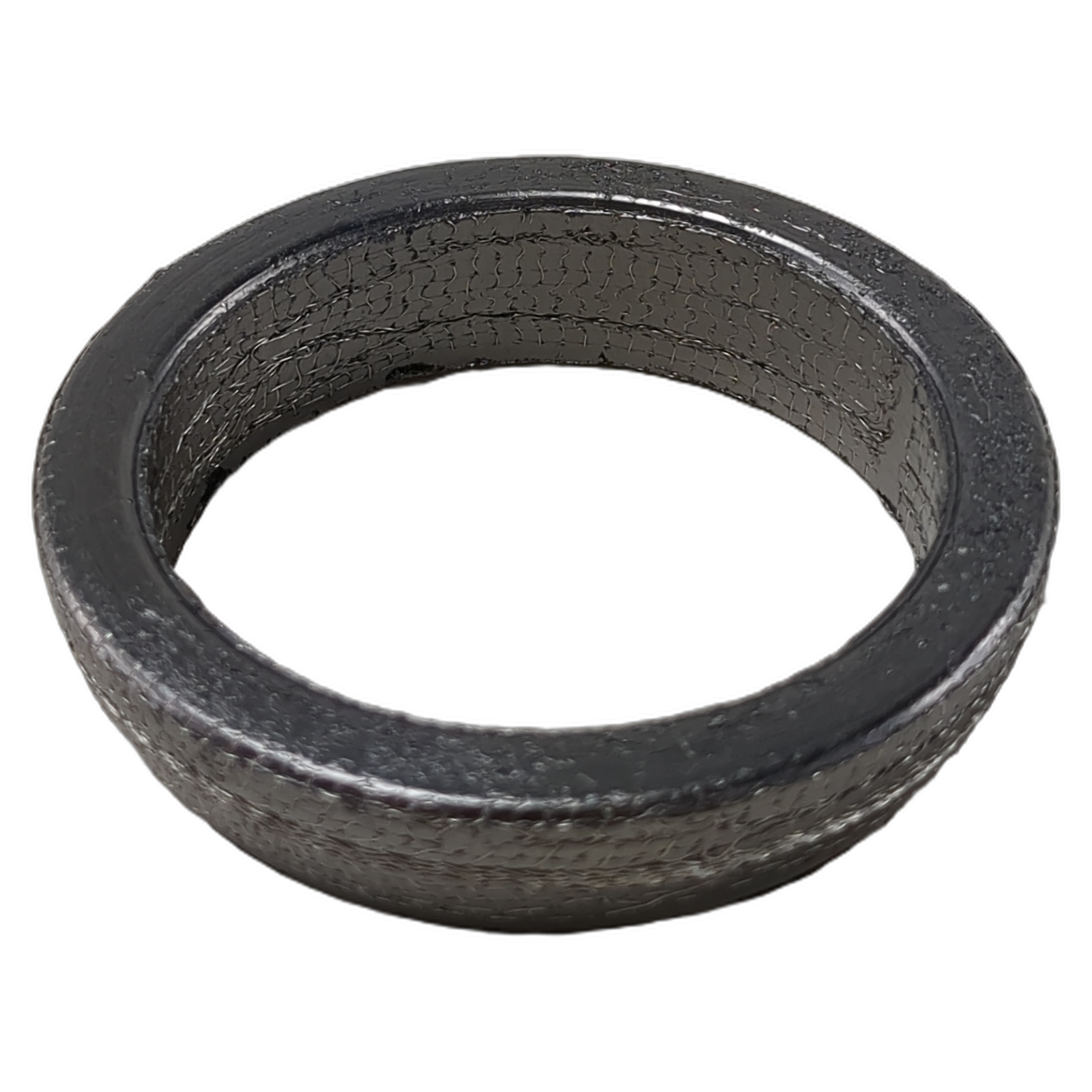 Metallic exhaust gasket ring with textured surface and dark gray finish.
