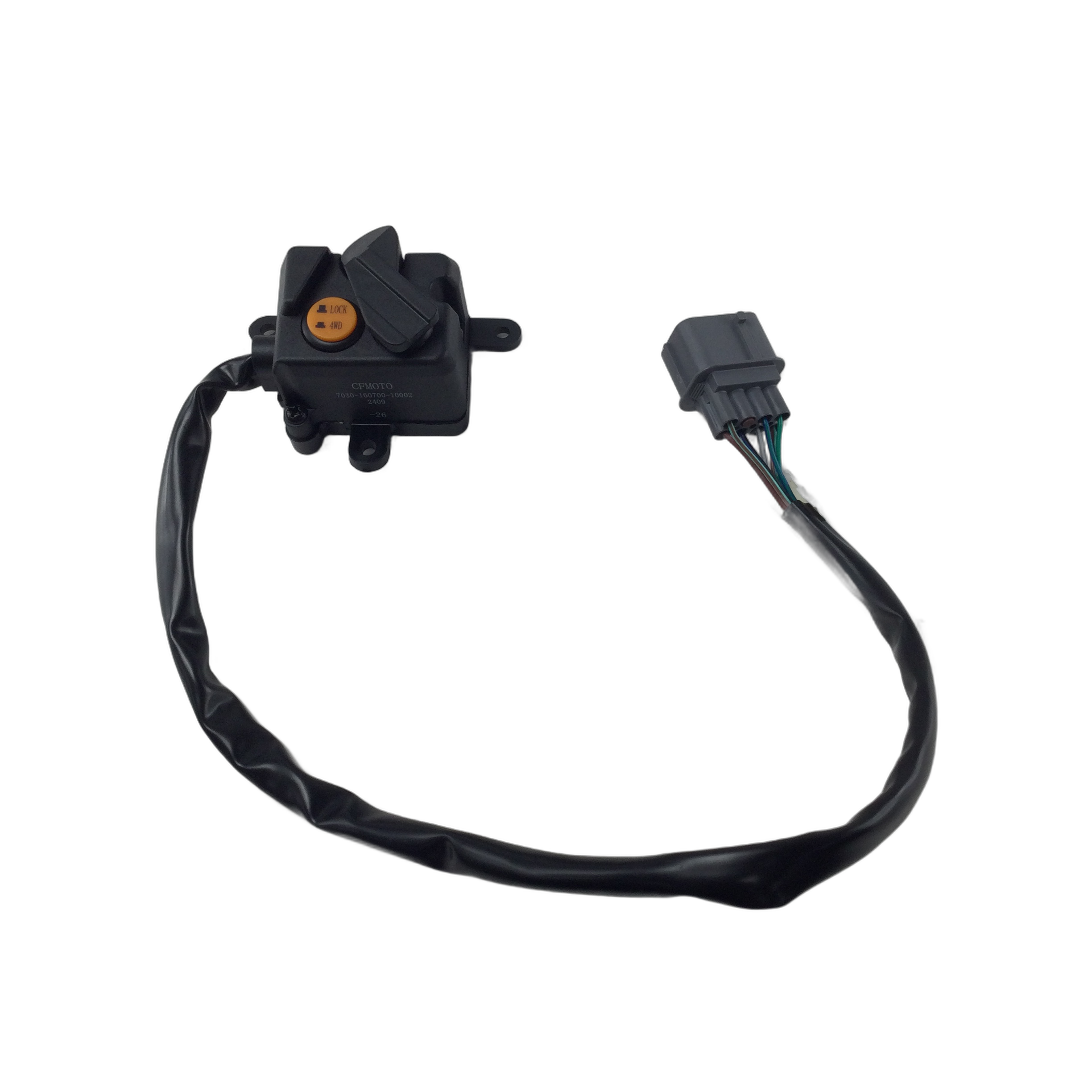 The Swtich 2Wd/4Wd by CF Moto is a black automotive electrical component with a wiring harness, connector, and small orange label, perfect as a 2WD/4WD switch for CF-Moto UTVs. Shown isolated on a white background.