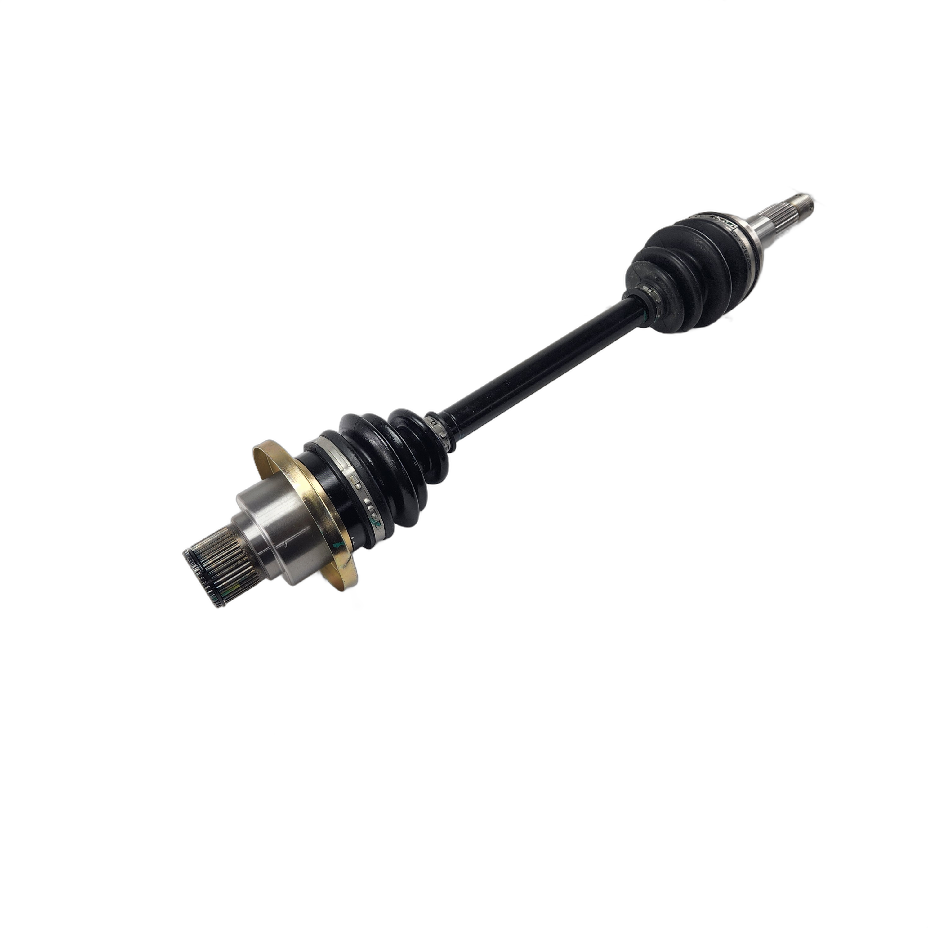 The Rear CV Drive Shaft LH (Replaces 7030-280100) by CF Moto for UTVs features metal joints and rubber boots, shown isolated on a white background.
