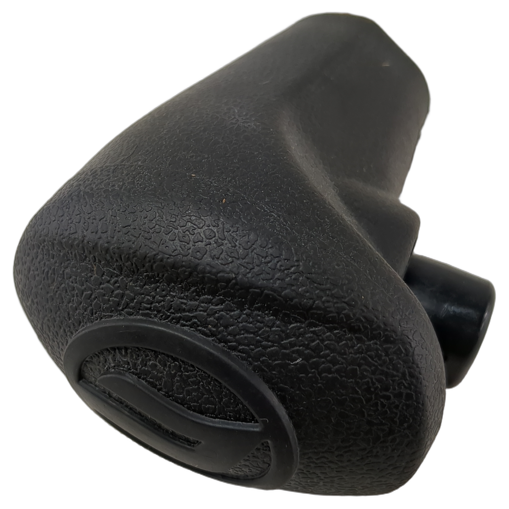 Black textured plastic gear shift lever knob with ergonomic curved design and embossed logo on top.