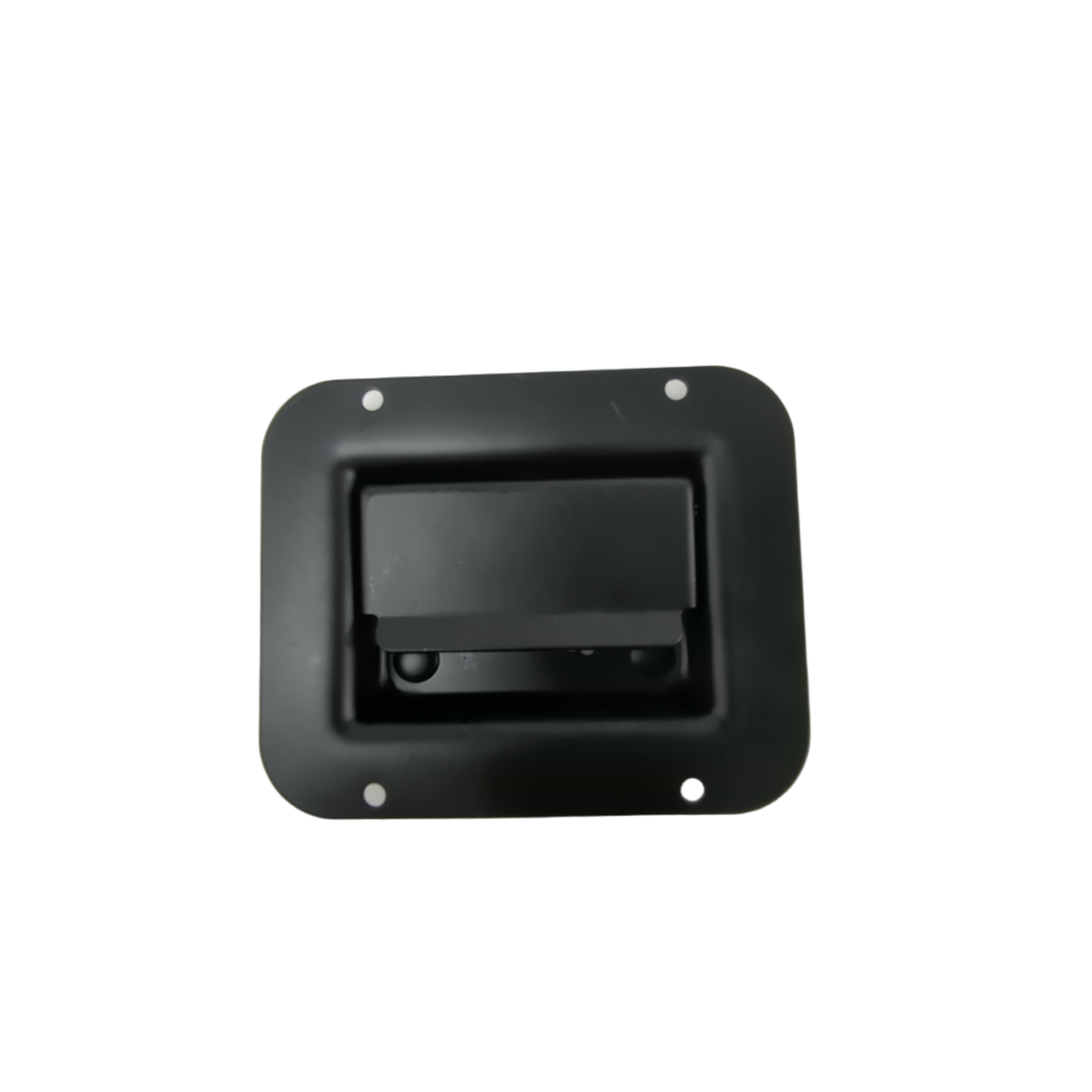 Matte black rectangular door lock with integrated handle and four mounting holes.
