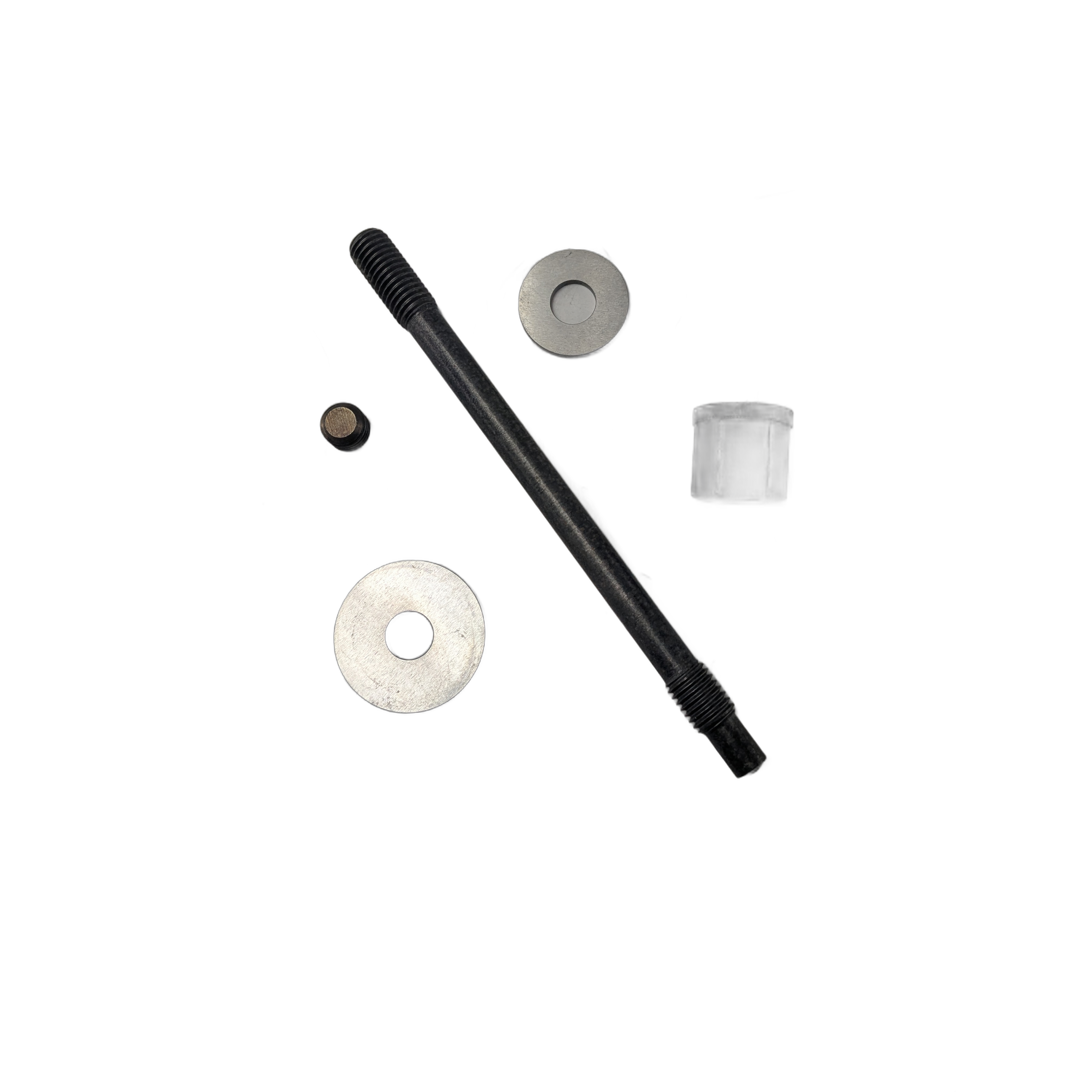 Black metal threaded bolt with two silver washers, small black nut, and translucent plastic spacer.