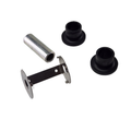 Four mechanical parts on a white background: a metal tube, flat metal bracket with side holes, and two black plastic bushings with flanges. Suspension Arm Bushing Kit by Can-Am—ideal for ATV off road or UTV replacement parts.