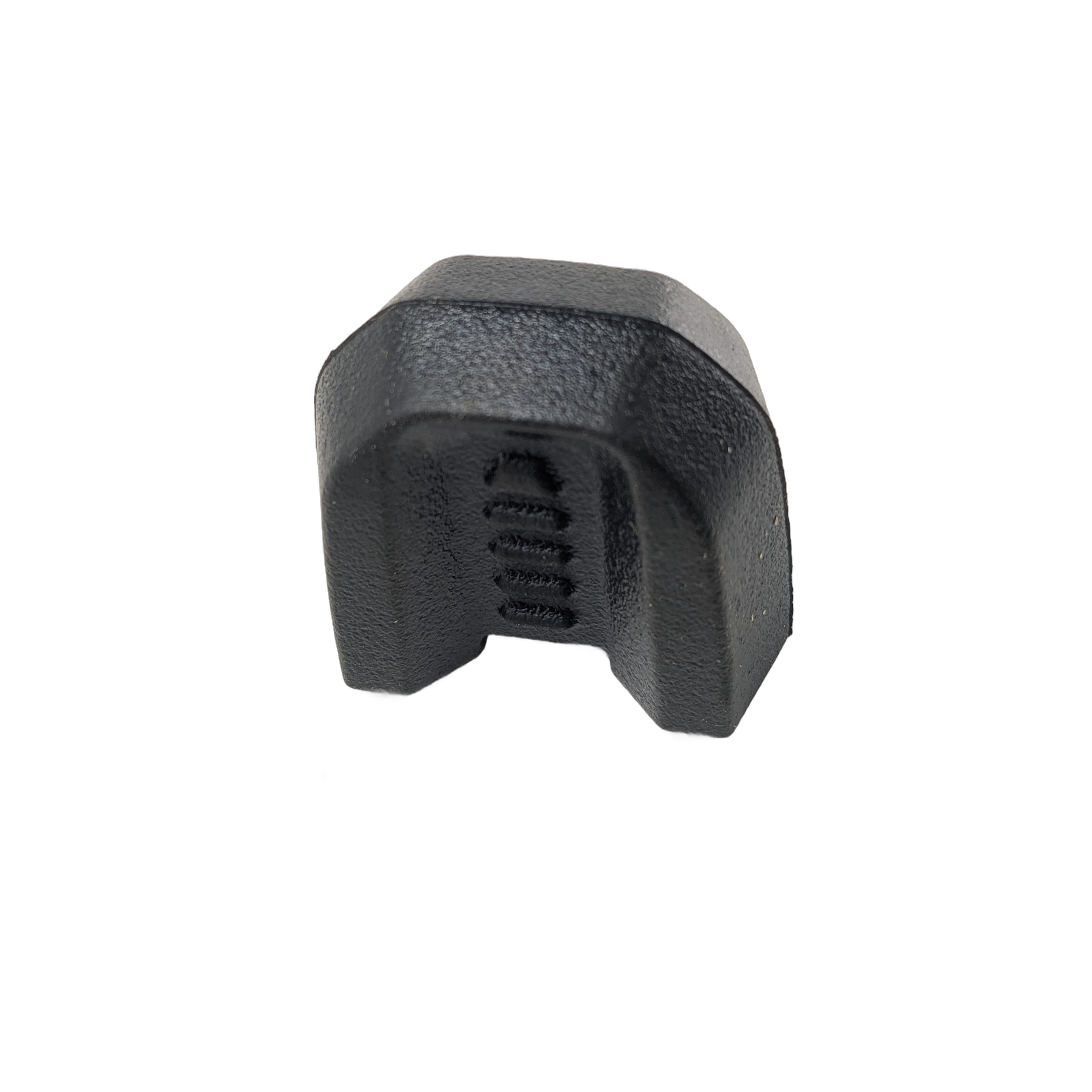 Black adjustable plastic trolley kit component with a textured grip and vent-like slits in the center.