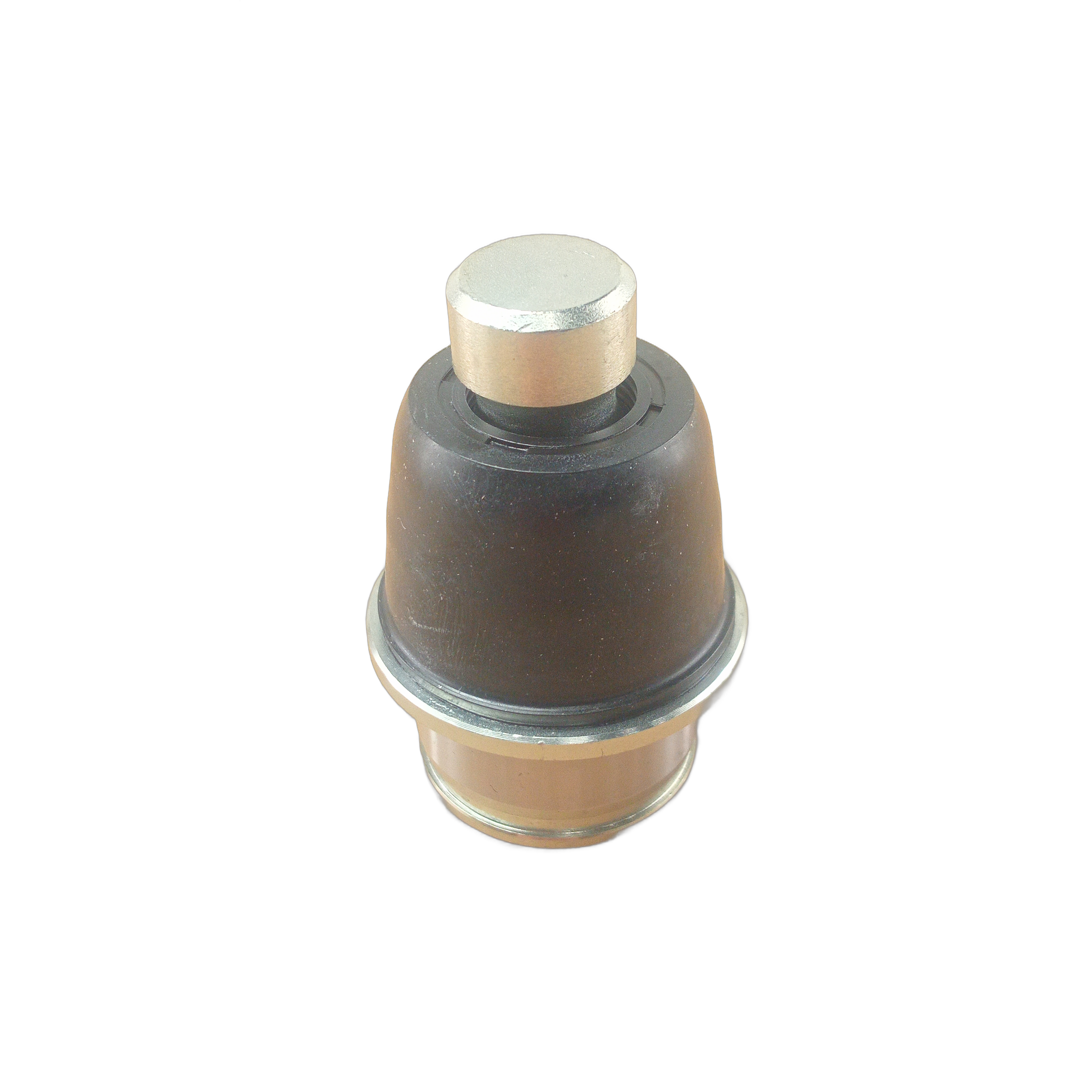 Black rubber and metal ball joint with silver pin and brass-colored base for offroad vehicles.