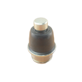 Black rubber and metal ball joint with silver pin and brass-colored base for offroad vehicles.