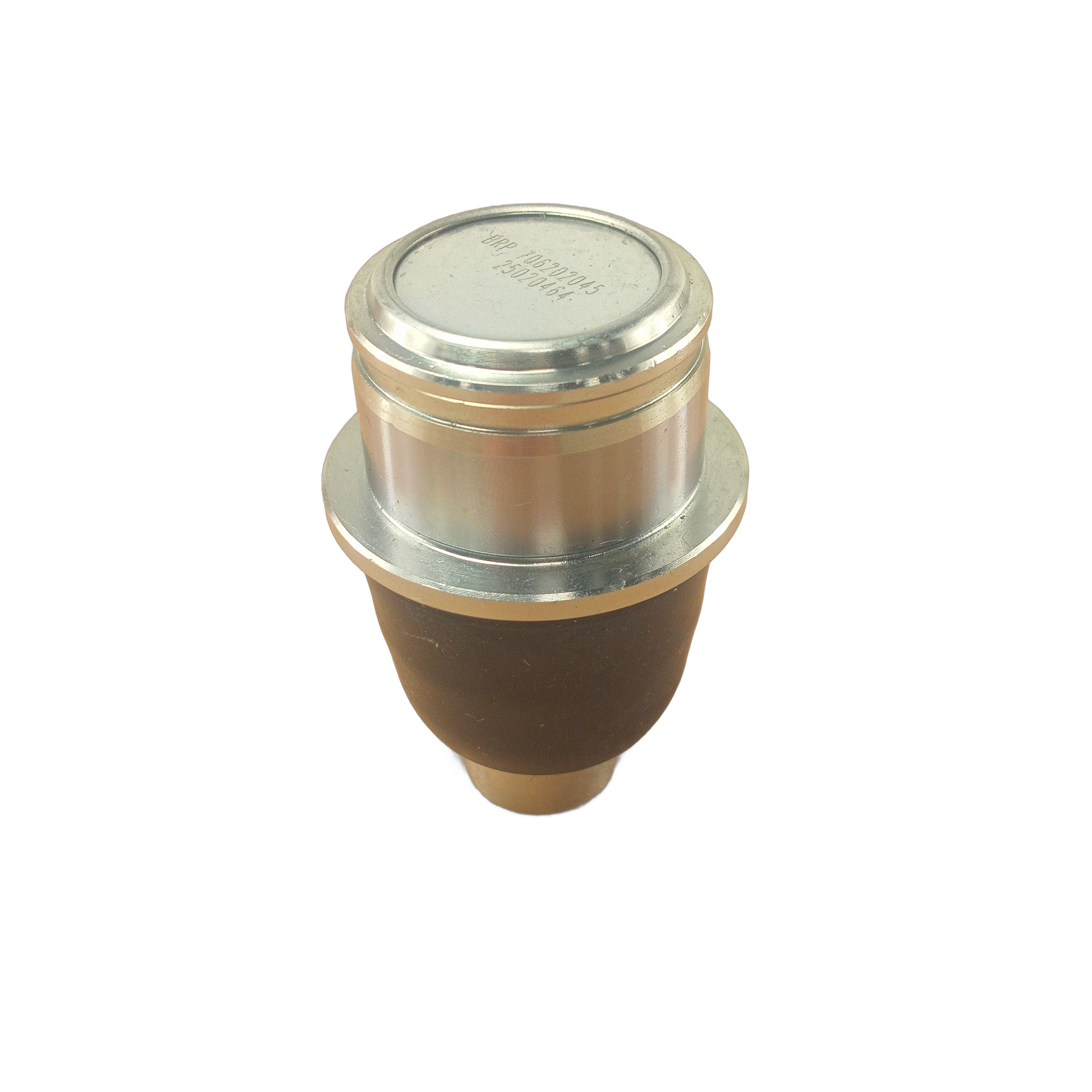 Metal and rubber offroad vehicle ball joint with a cylindrical silver top and tapered black base.